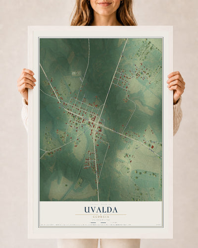 Uvalda, Georgia map print, 24" x 36" W/ White Ayous Wood Frame mockup