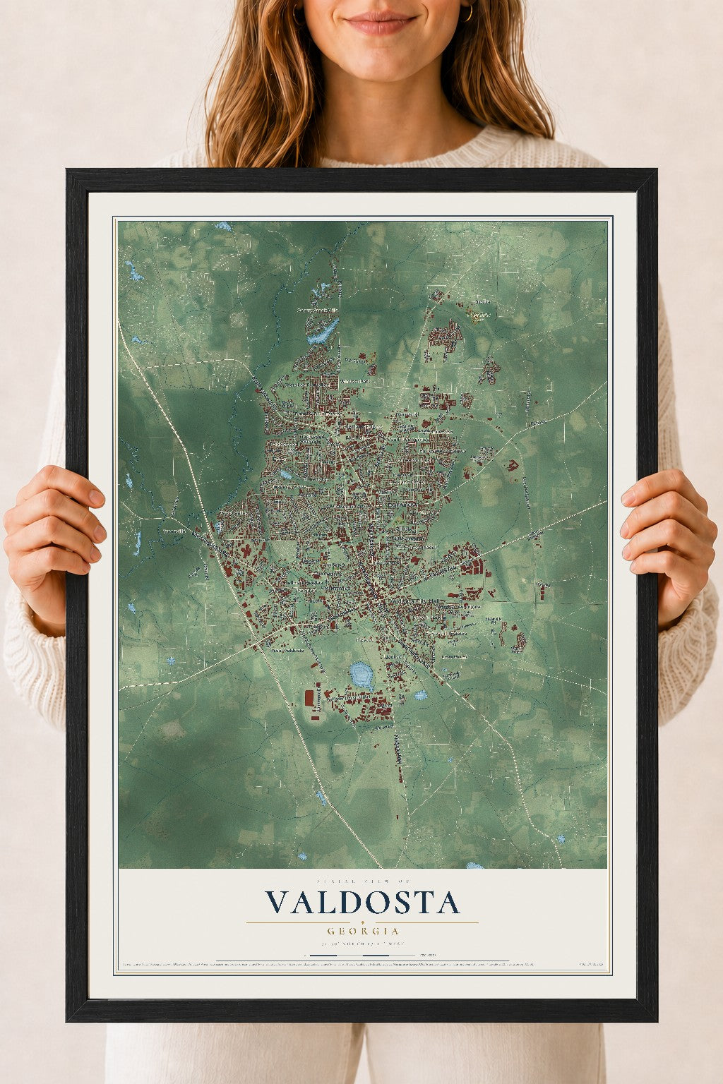 Valdosta, Georgia map print, 18" x 24" W/ Black Ayous Wood Frame mockup