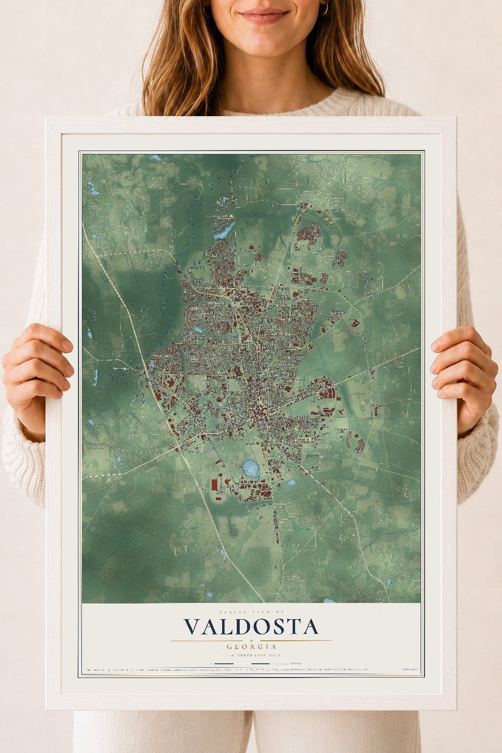 Valdosta, Georgia map print, 18" x 24" W/ White Ayous Wood Frame mockup