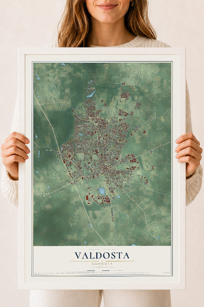 Valdosta, Georgia map print, 18" x 24" W/ White Ayous Wood Frame mockup