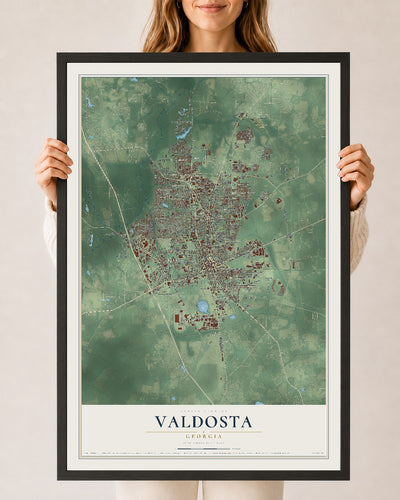 Valdosta, Georgia map print, 24" x 36" W/ Black Ayous Wood Frame mockup