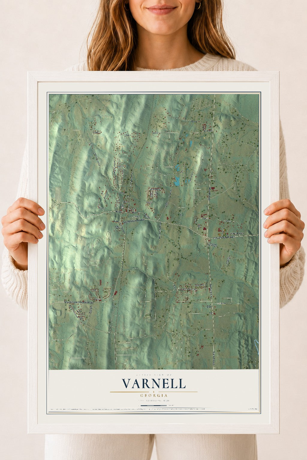 Varnell, Georgia map print, 18" x 24" W/ White Ayous Wood Frame mockup