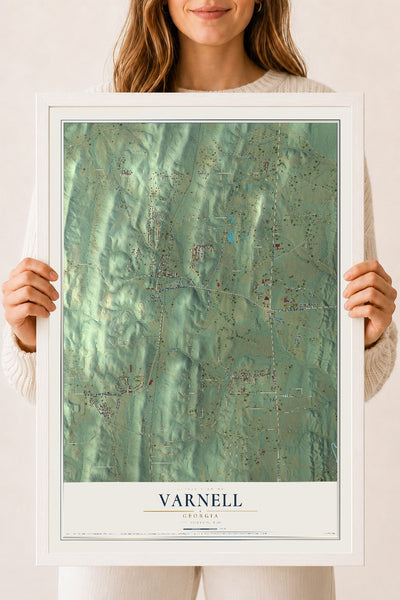 Varnell, Georgia map print, 18" x 24" W/ White Ayous Wood Frame mockup