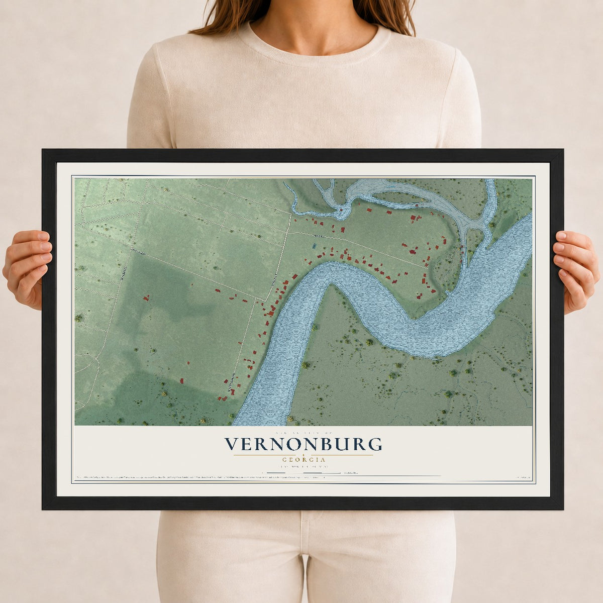 Vernonburg, Georgia map print, 12" x 18" W/ Black Ayous Wood Frame mockup