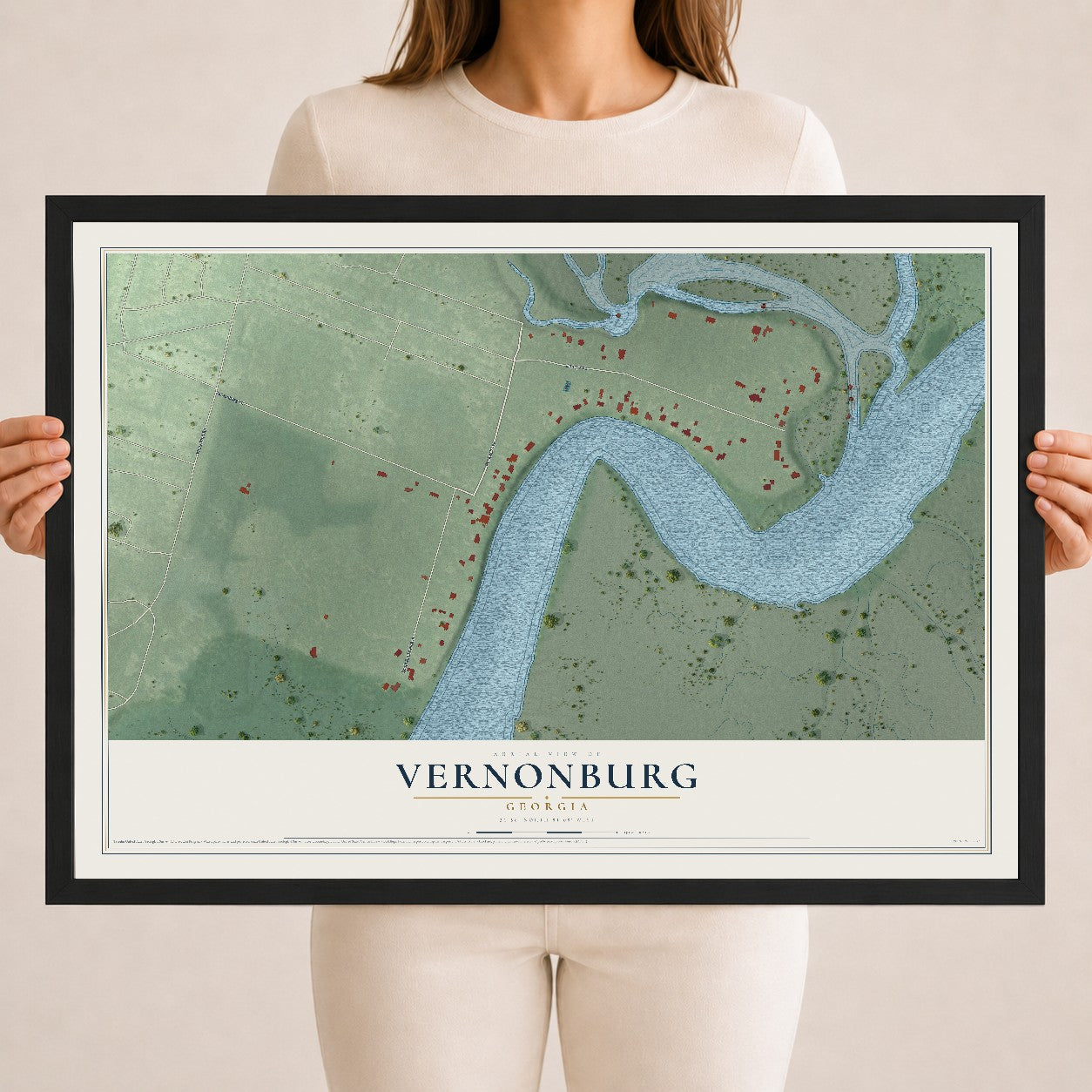 Vernonburg, Georgia map print, 18" x 24" W/ Black Ayous Wood Frame mockup