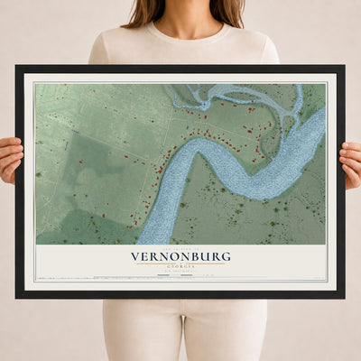 Vernonburg, Georgia map print, 18" x 24" W/ Black Ayous Wood Frame mockup