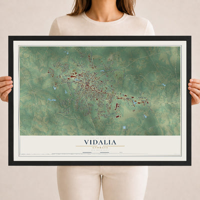 Vidalia, Georgia map print, 18" x 24" W/ Black Ayous Wood Frame mockup