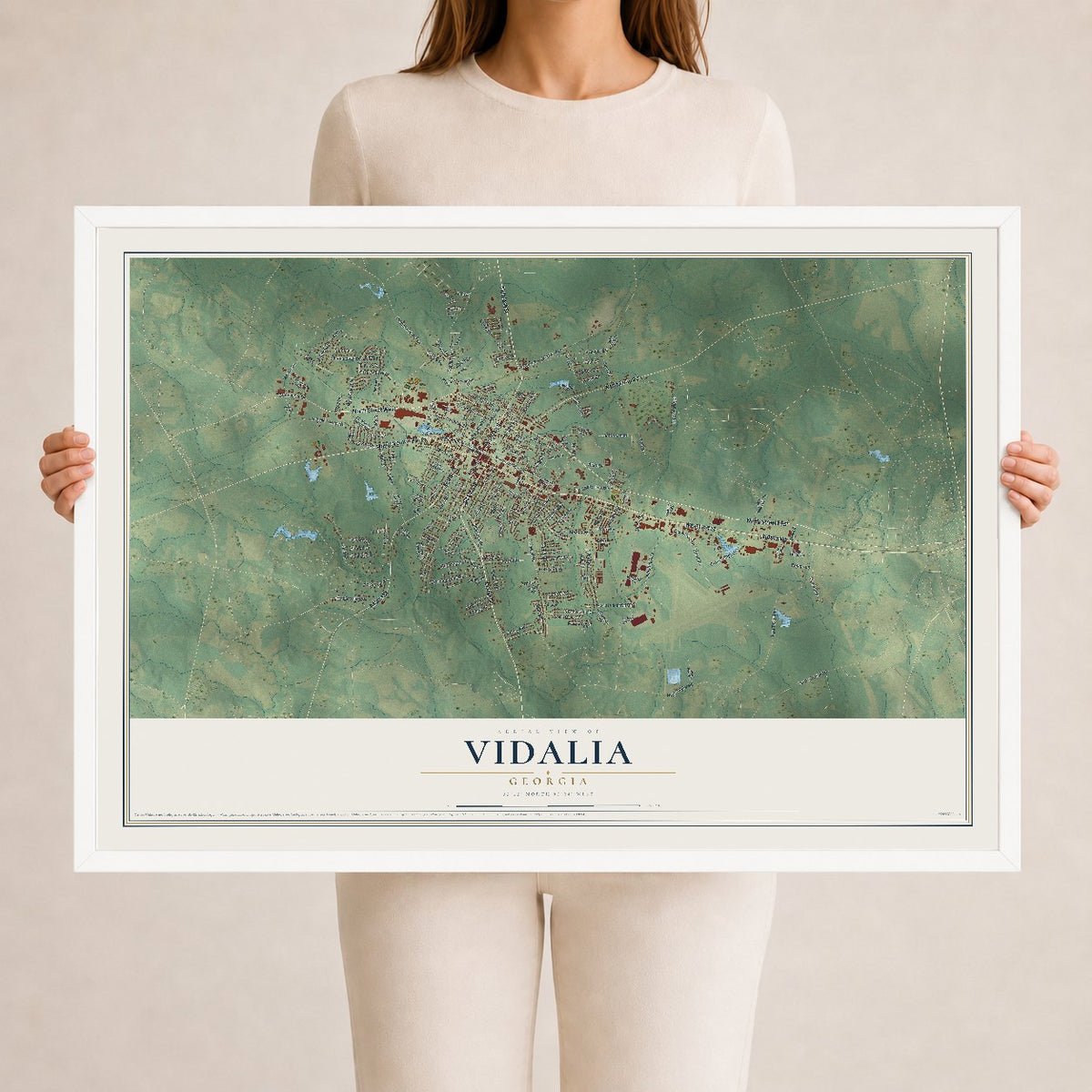 Vidalia, Georgia map print, 24" x 36" W/ White Ayous Wood Frame mockup