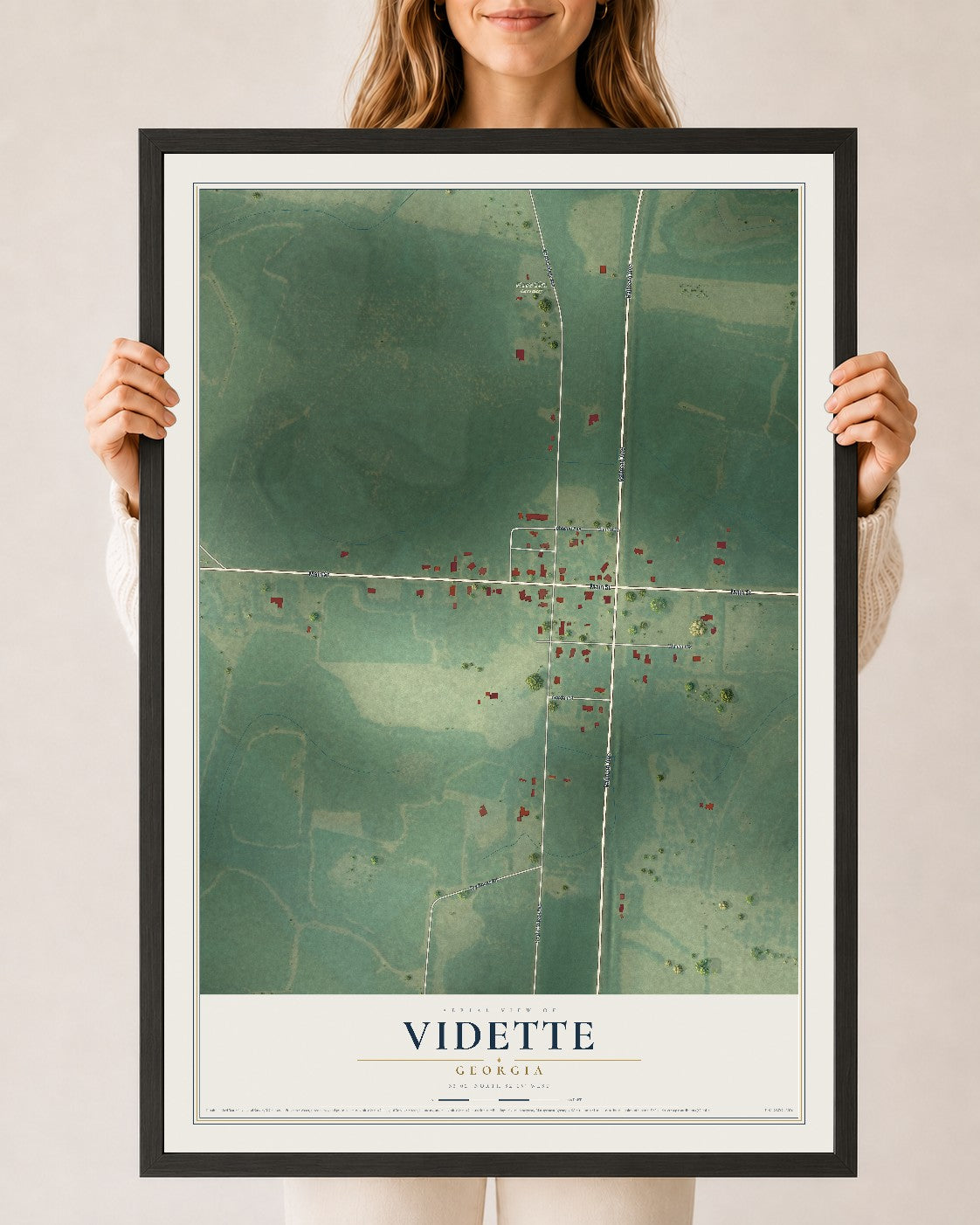 Vidette, Georgia map print, 24" x 36" W/ Black Ayous Wood Frame mockup