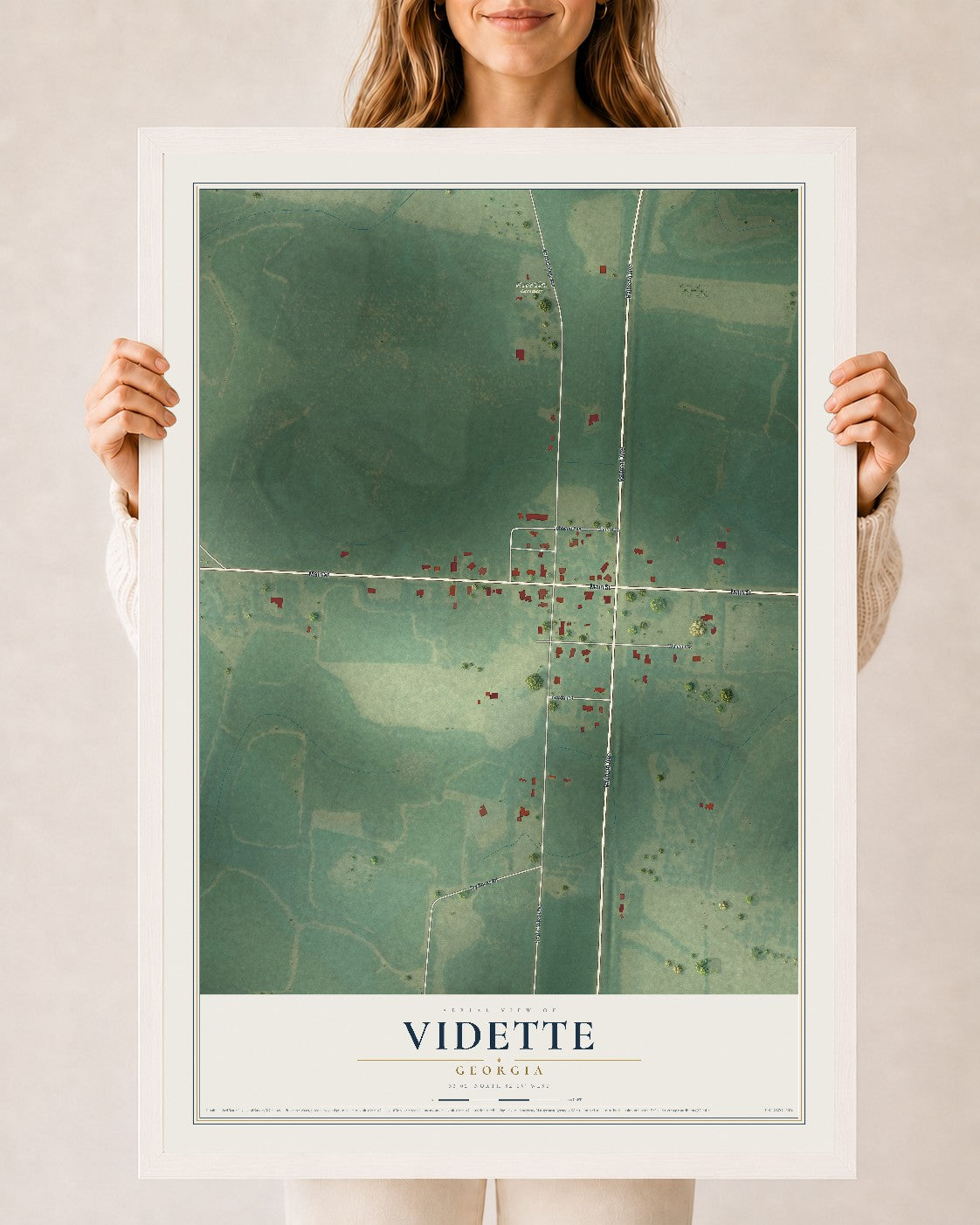 Vidette, Georgia map print, 24" x 36" W/ White Ayous Wood Frame mockup