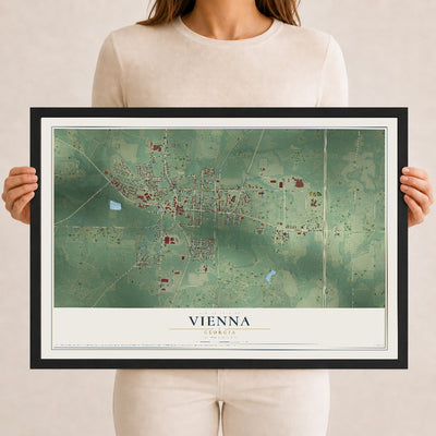 Vienna, Georgia map print, 12" x 18" W/ Black Ayous Wood Frame mockup