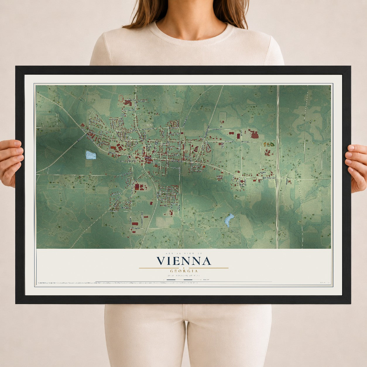 Vienna, Georgia map print, 18" x 24" W/ Black Ayous Wood Frame mockup