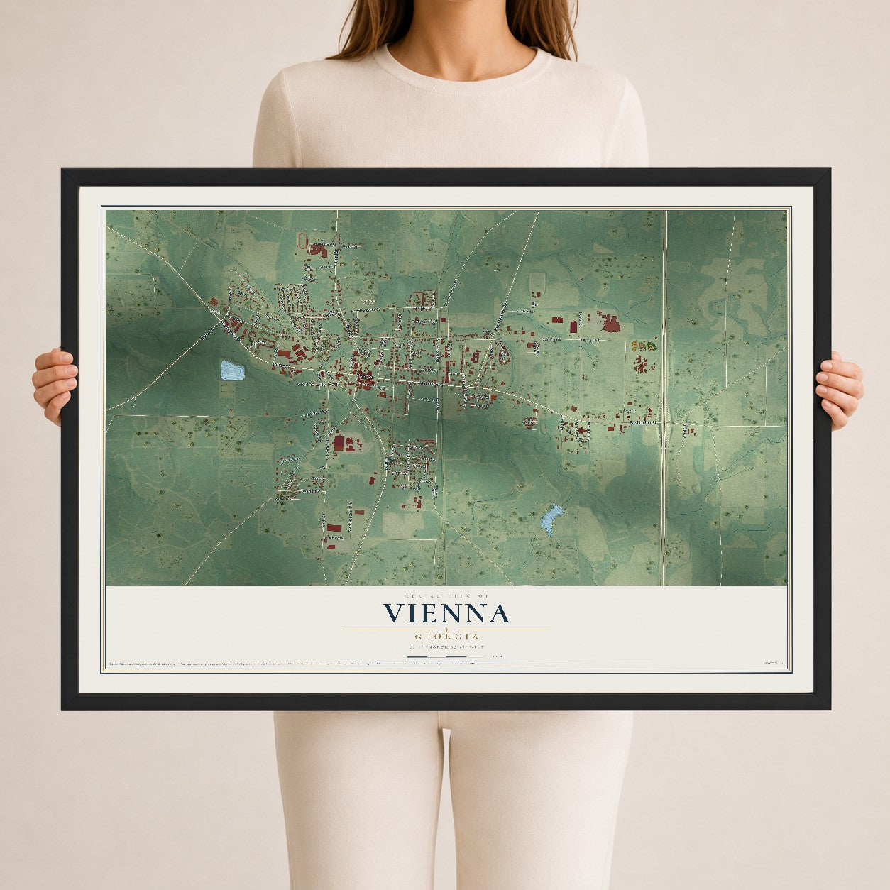 Vienna, Georgia map print, 24" x 36" W/ Black Ayous Wood Frame mockup