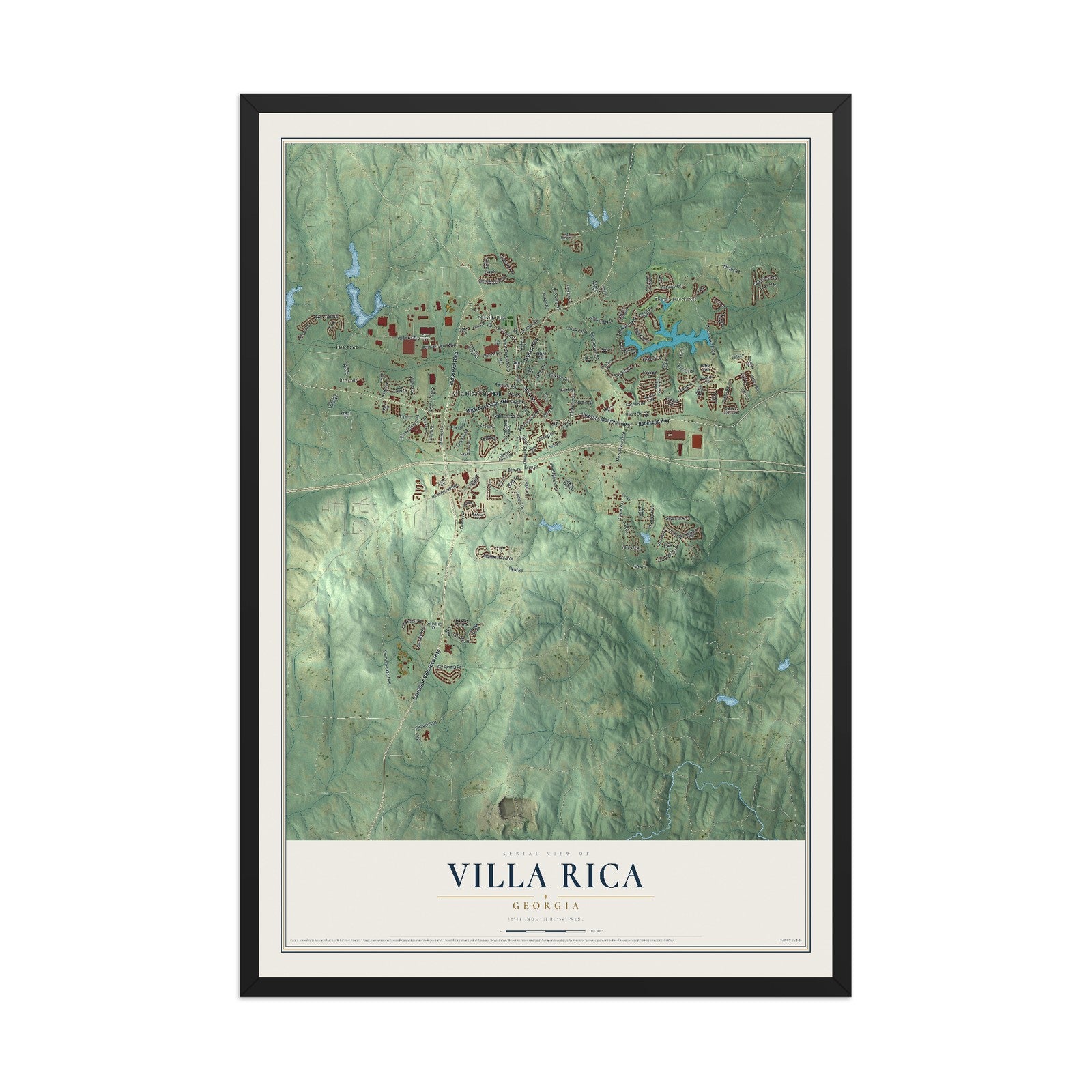Villa Rica, Georgia map print, 12" x 18" W/ Black Ayous Wood Frame mockup