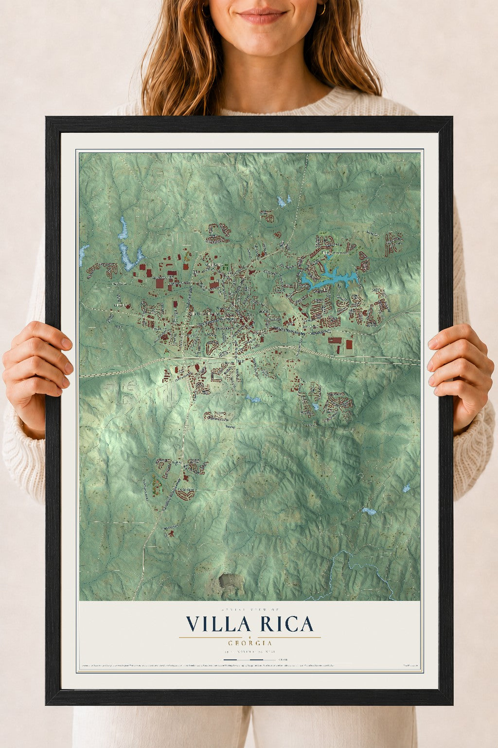 Villa Rica, Georgia map print, 18" x 24" W/ Black Ayous Wood Frame mockup