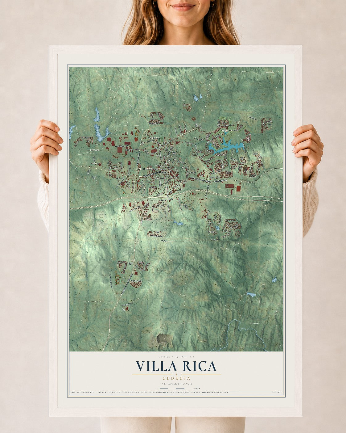 Villa Rica, Georgia map print, 24" x 36" W/ White Ayous Wood Frame mockup
