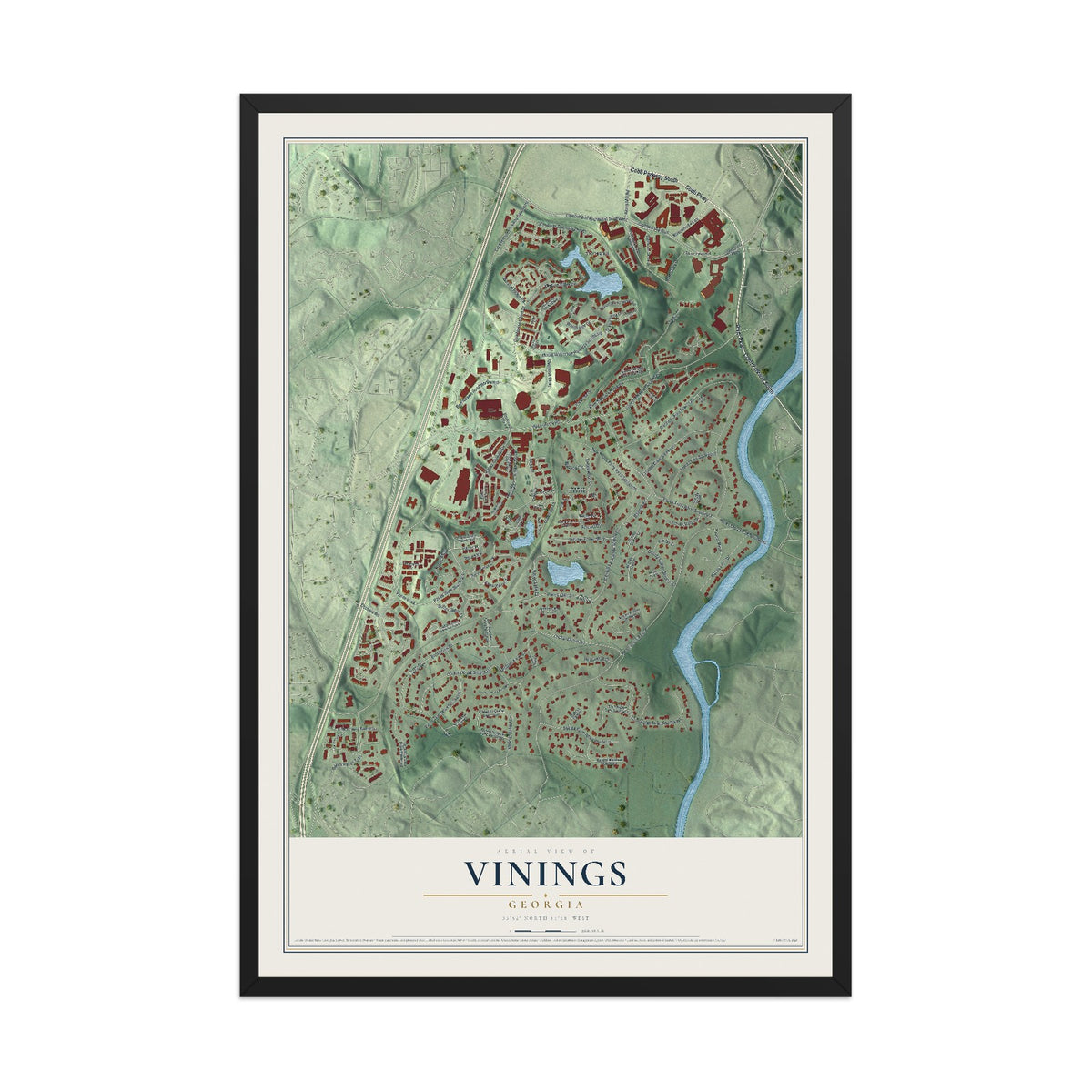 Vinings, Georgia map print, 12" x 18" W/ Black Ayous Wood Frame mockup