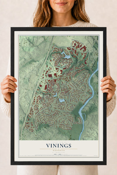 Vinings, Georgia map print, 18" x 24" W/ Black Ayous Wood Frame mockup