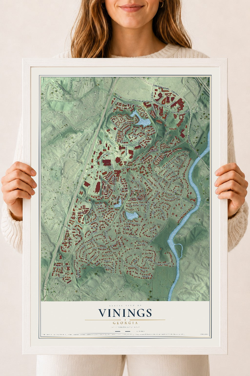 Vinings, Georgia map print, 18" x 24" W/ White Ayous Wood Frame mockup