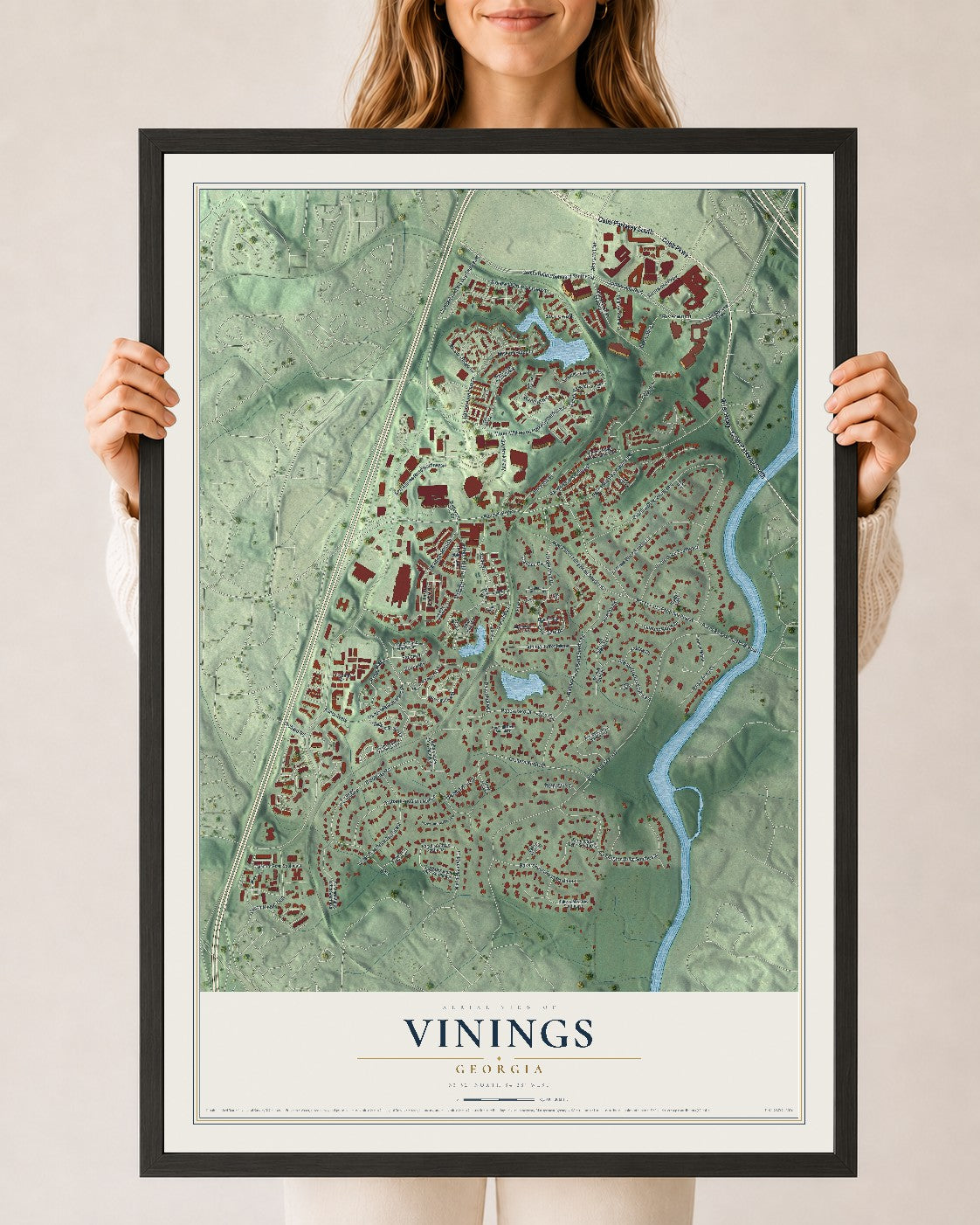 Vinings, Georgia map print, 24" x 36" W/ Black Ayous Wood Frame mockup