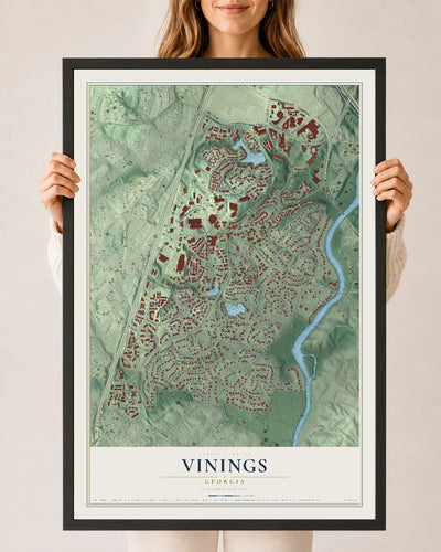 Vinings, Georgia map print, 24" x 36" W/ Black Ayous Wood Frame mockup