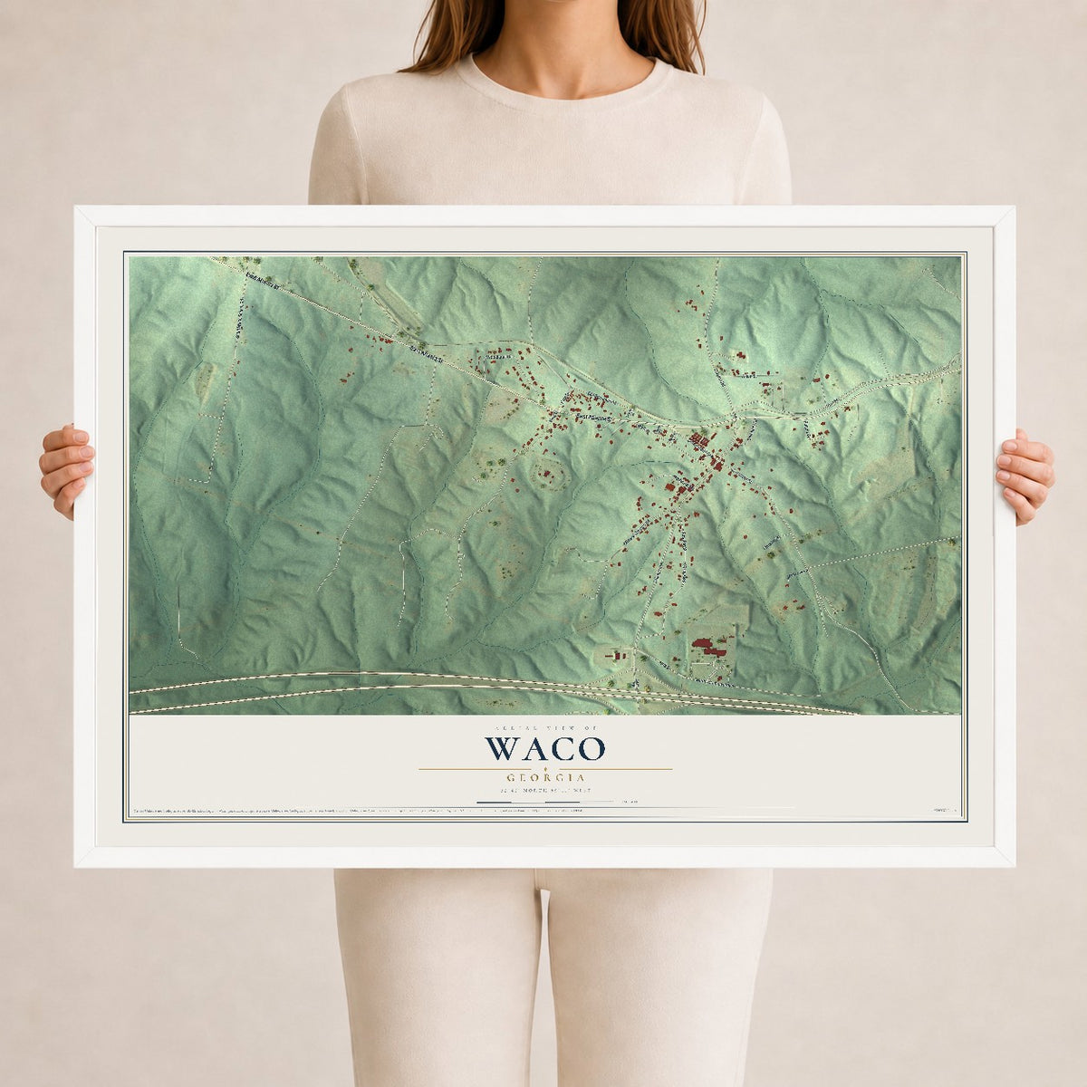 Waco, Georgia map print, 24" x 36" W/ White Ayous Wood Frame mockup