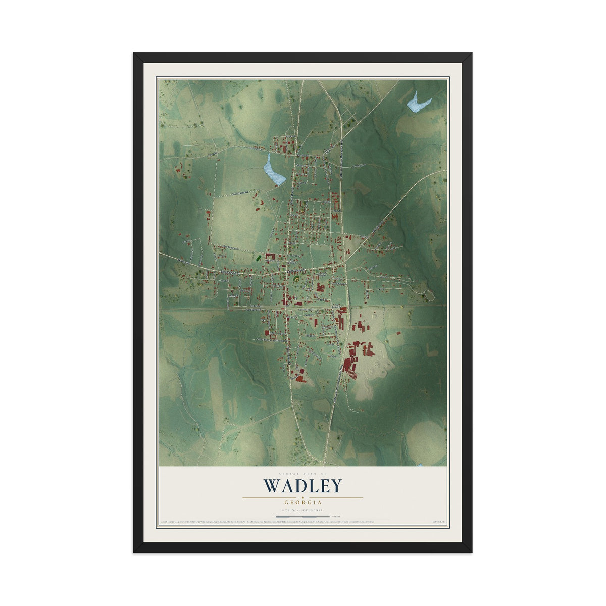 Wadley, Georgia map print, 12" x 18" W/ Black Ayous Wood Frame mockup