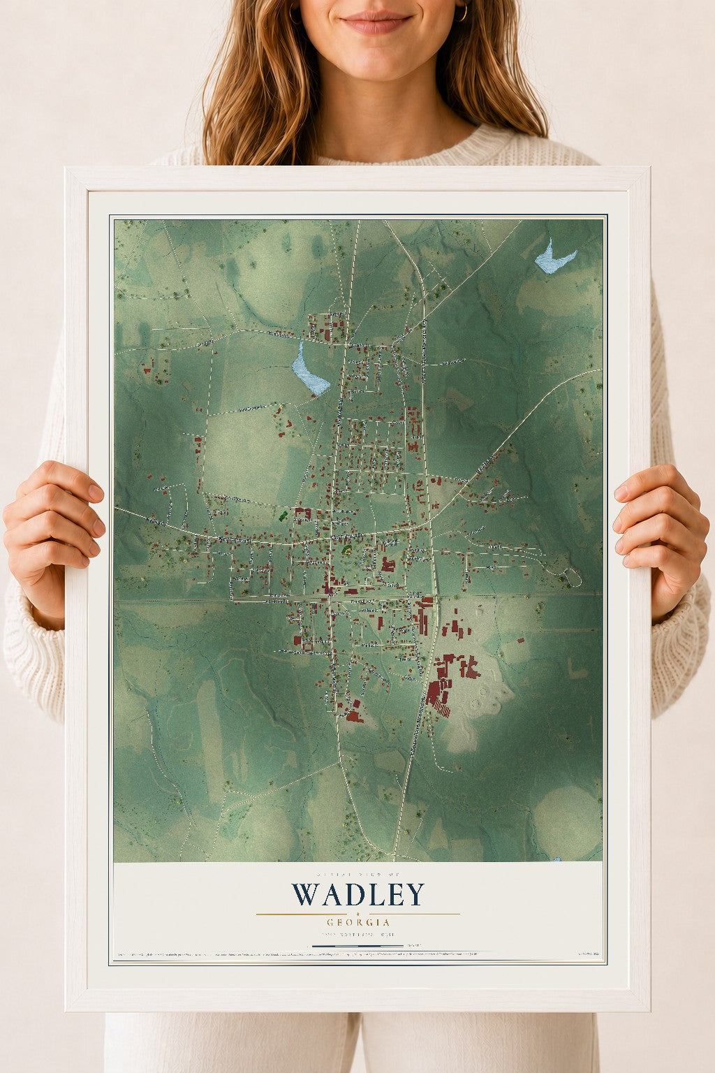 Wadley, Georgia map print, 18" x 24" W/ White Ayous Wood Frame mockup