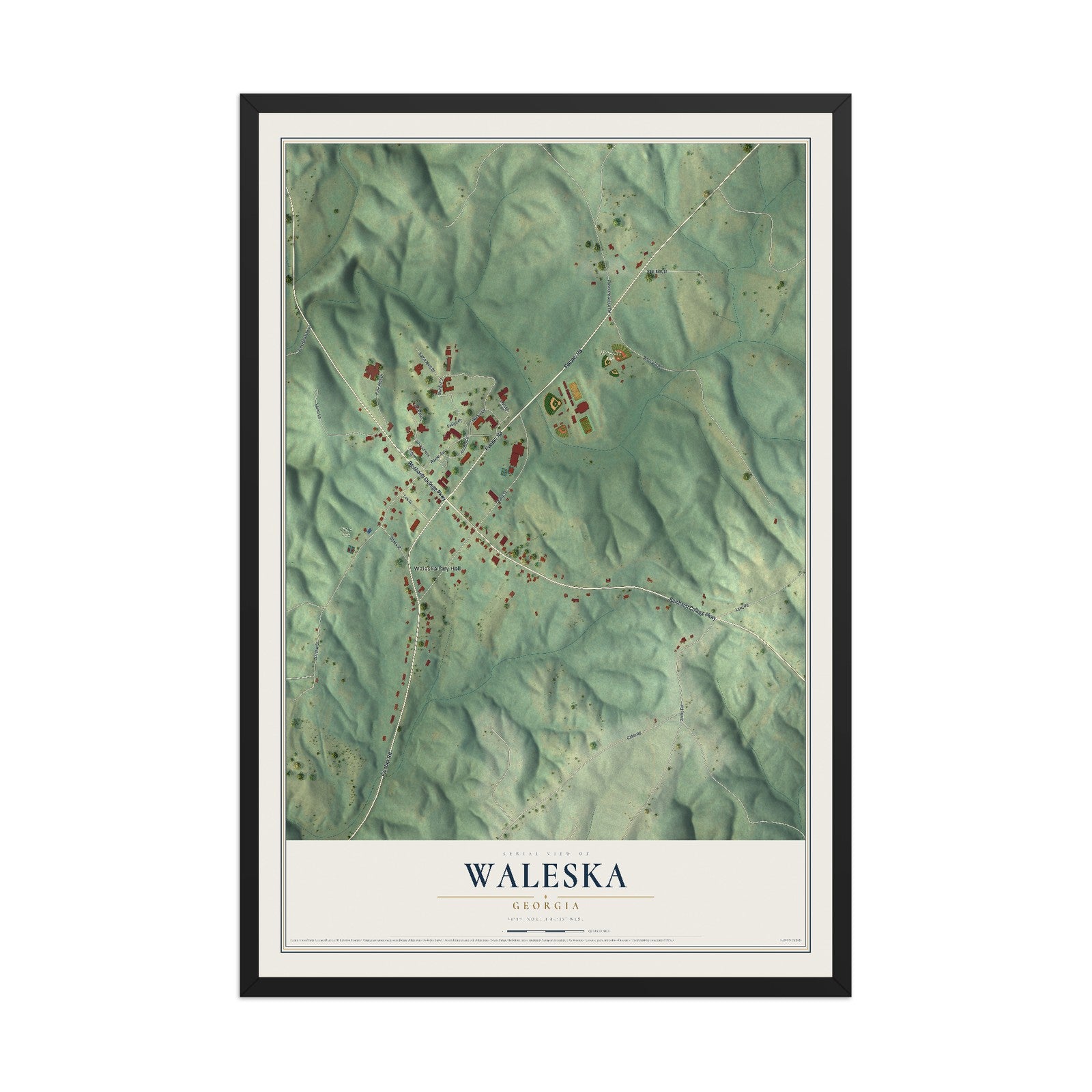 Waleska, Georgia map print, 12" x 18" W/ Black Ayous Wood Frame mockup