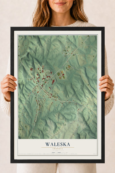 Waleska, Georgia map print, 18" x 24" W/ Black Ayous Wood Frame mockup