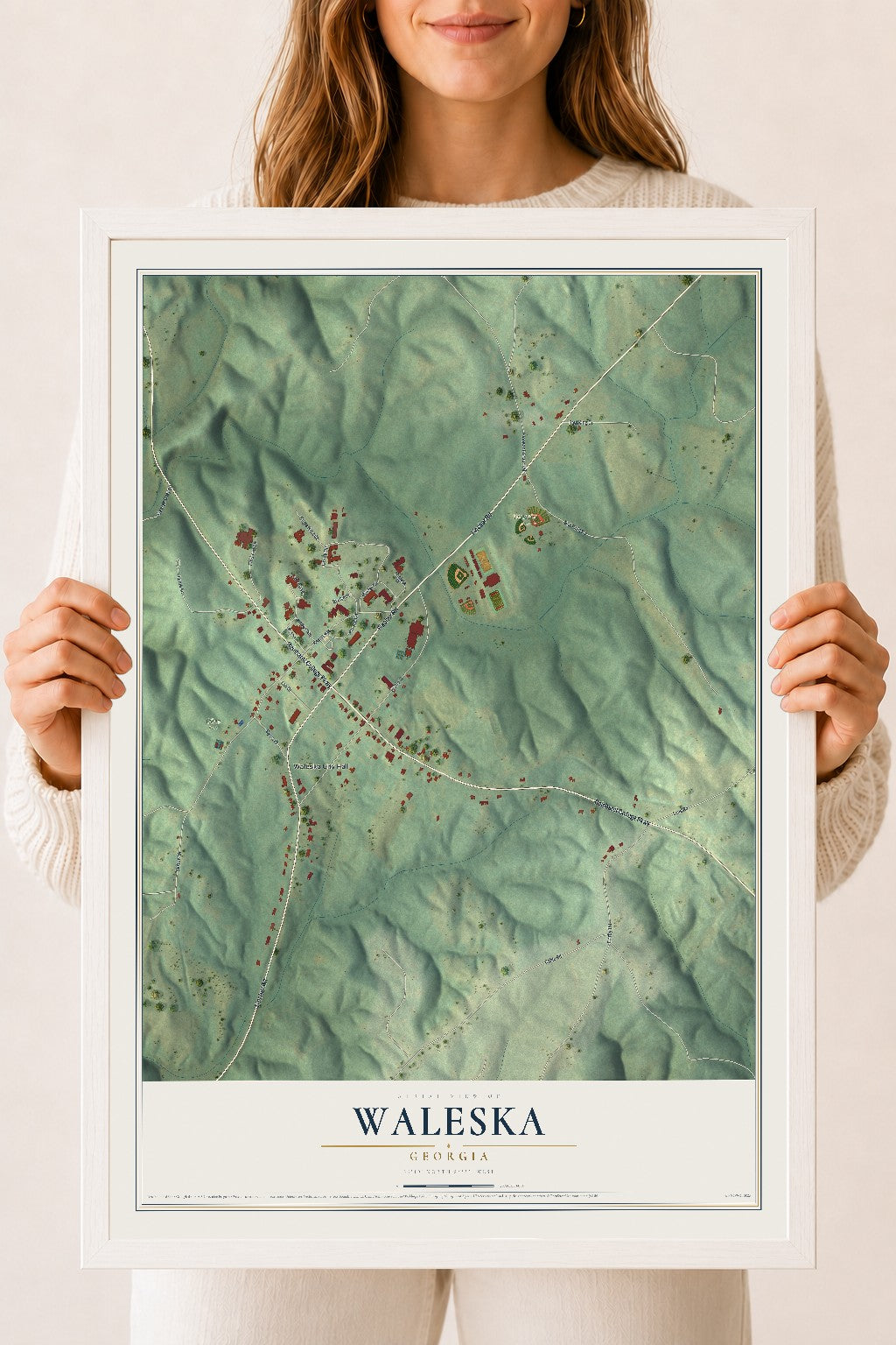 Waleska, Georgia map print, 18" x 24" W/ White Ayous Wood Frame mockup