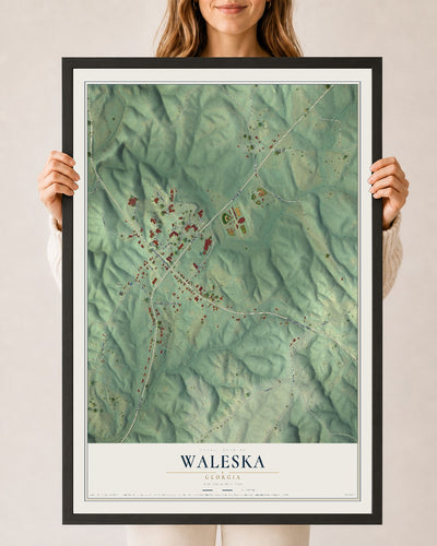 Waleska, Georgia map print, 24" x 36" W/ Black Ayous Wood Frame mockup