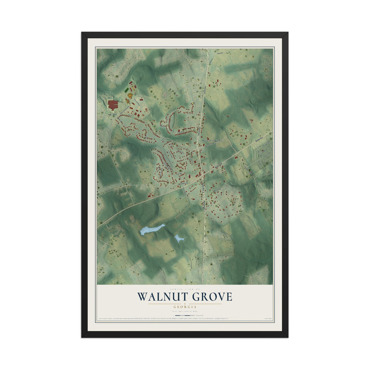 Walnut Grove, Georgia map print, 12" x 18" W/ Black Ayous Wood Frame mockup