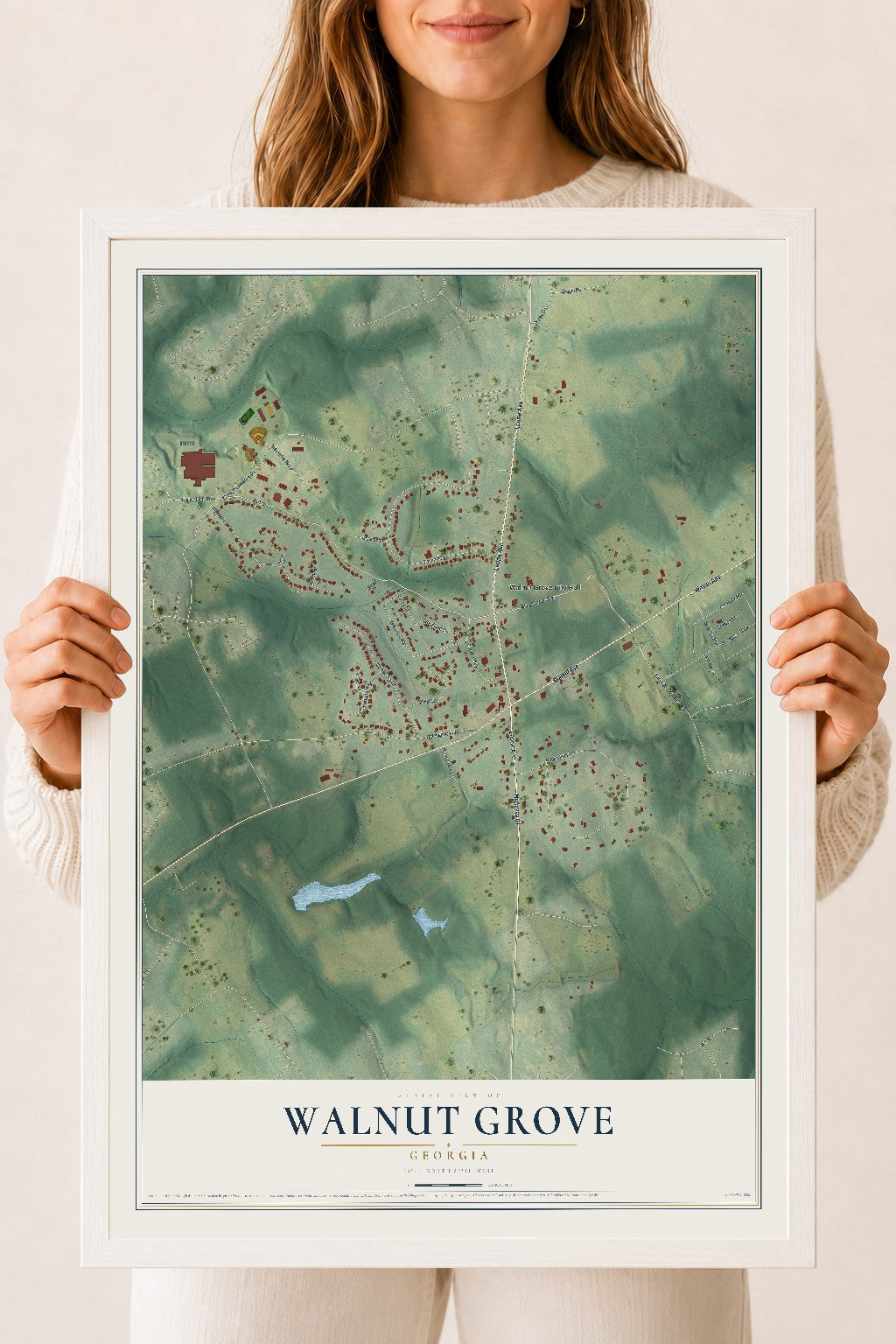 Walnut Grove, Georgia map print, 18" x 24" W/ White Ayous Wood Frame mockup