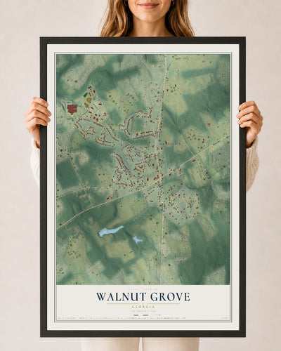 Walnut Grove, Georgia map print, 24" x 36" W/ Black Ayous Wood Frame mockup