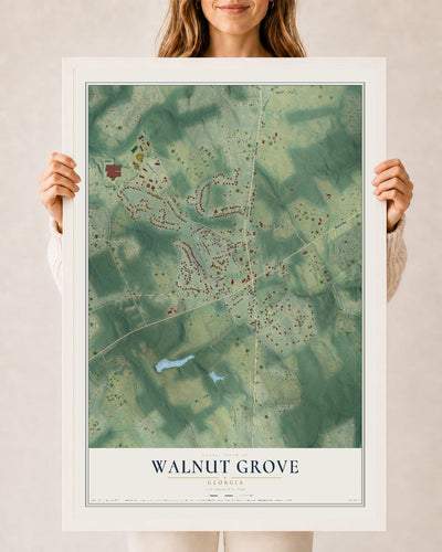 Walnut Grove, Georgia map print, 24" x 36" W/ White Ayous Wood Frame mockup