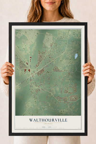 Walthourville, Georgia map print, 18" x 24" W/ Black Ayous Wood Frame mockup