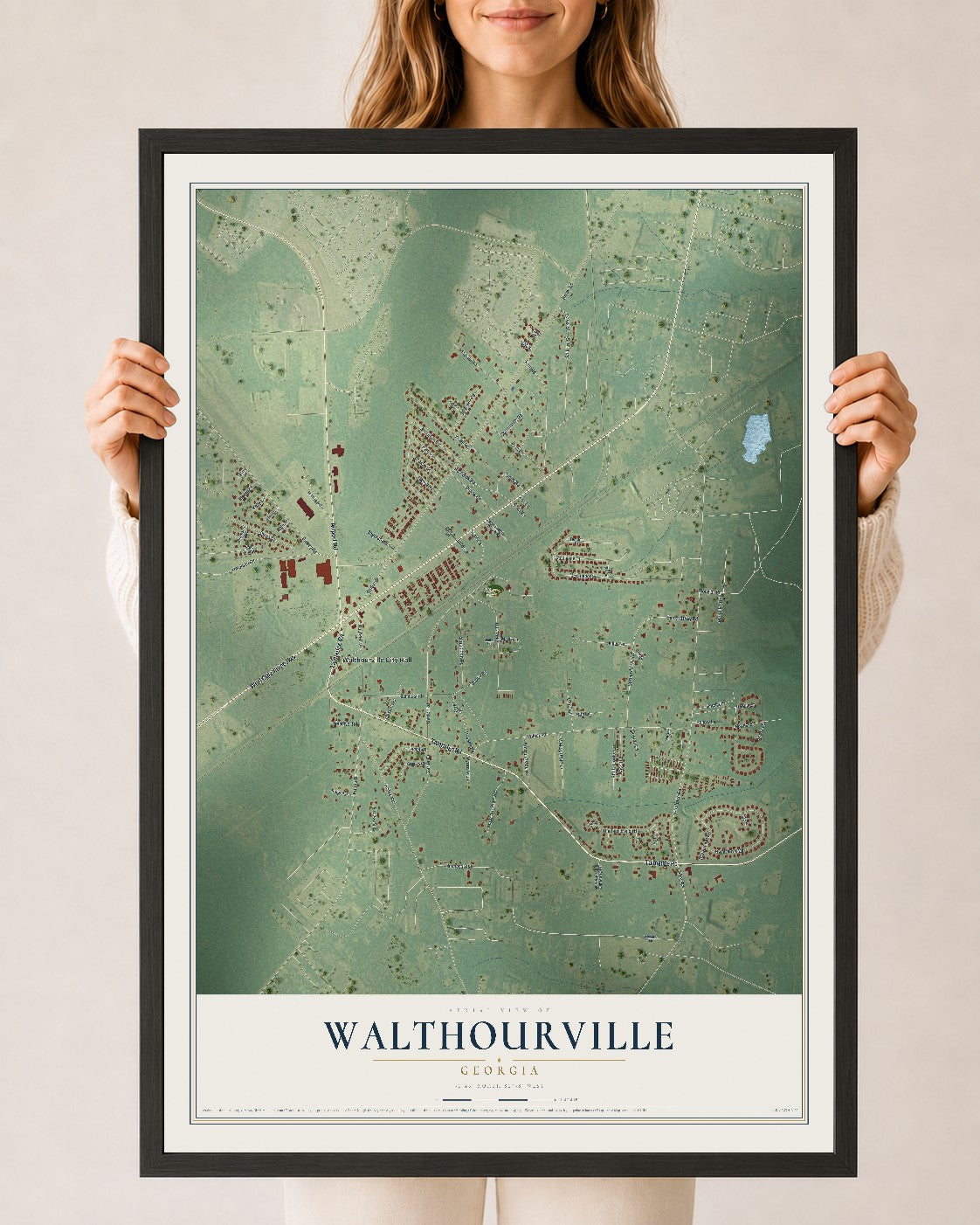 Walthourville, Georgia map print, 24" x 36" W/ Black Ayous Wood Frame mockup