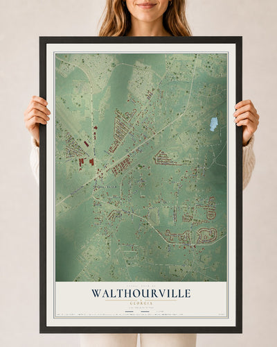 Walthourville, Georgia map print, 24" x 36" W/ Black Ayous Wood Frame mockup