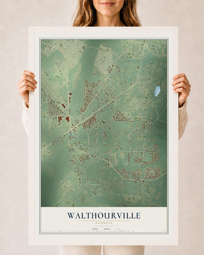 Walthourville, Georgia map print, 24" x 36" W/ White Ayous Wood Frame mockup