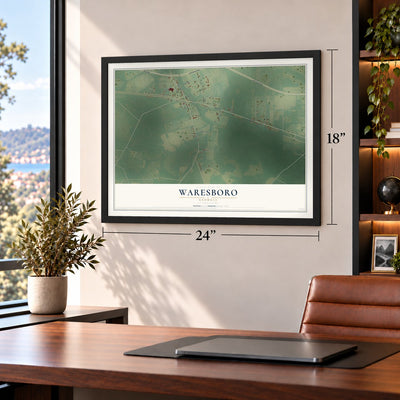 Waresboro, Georgia map, 18 x 24 inch print in a black frame in a home office