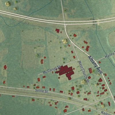 Close-up of the map of Waresboro, Georgia print showing street and building detail
