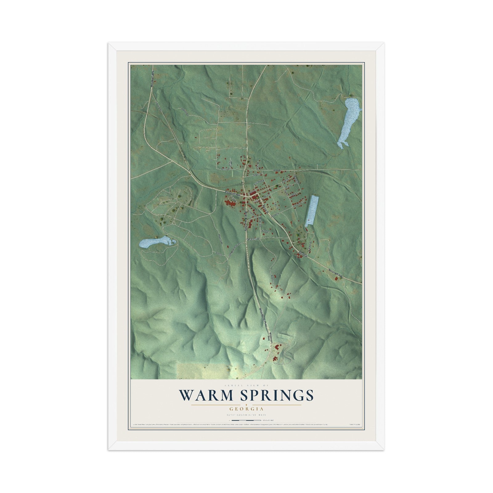 Warm Springs, Georgia map print, 12" x 18" W/ White Ayous Wood Frame mockup