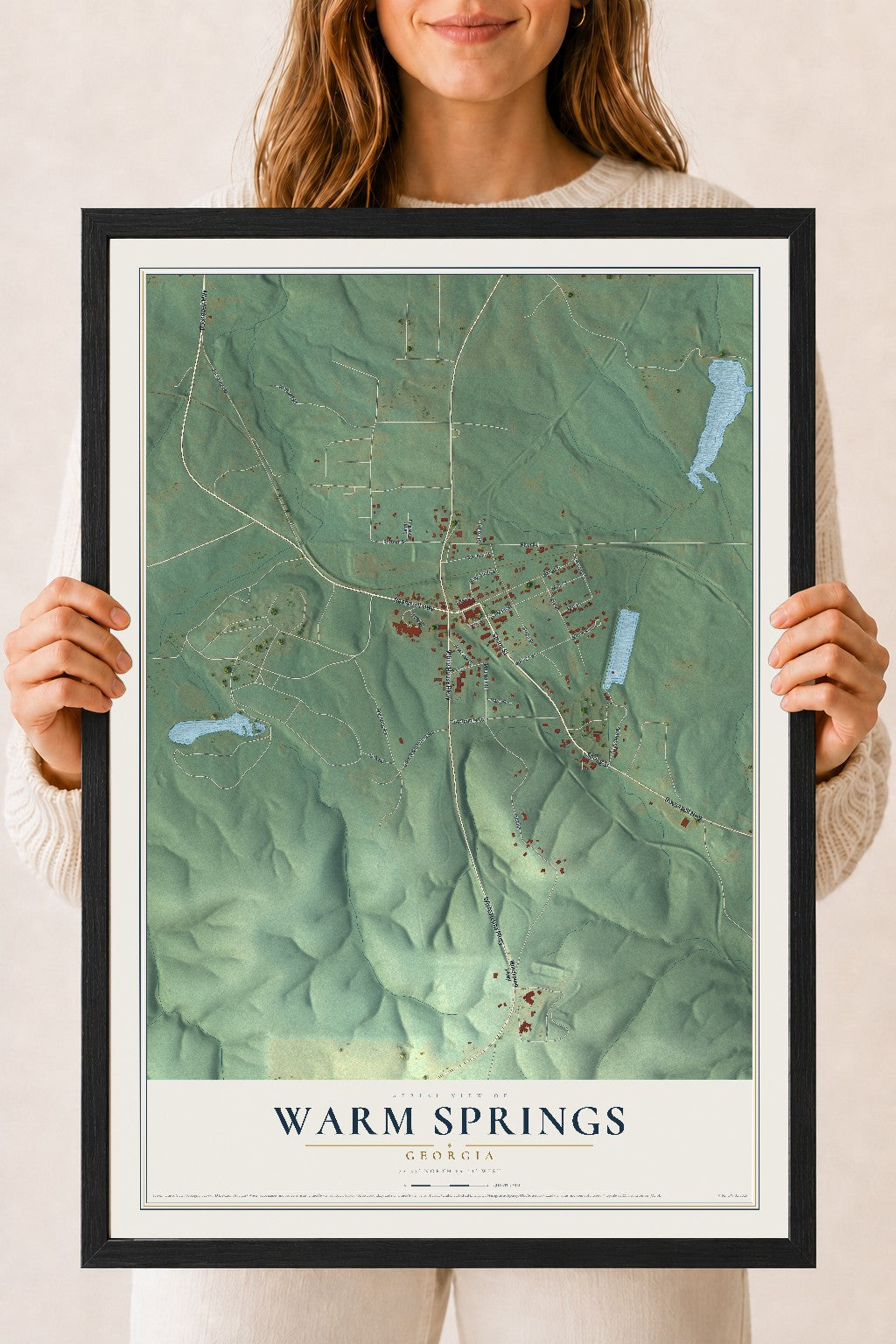 Warm Springs, Georgia map print, 18" x 24" W/ Black Ayous Wood Frame mockup