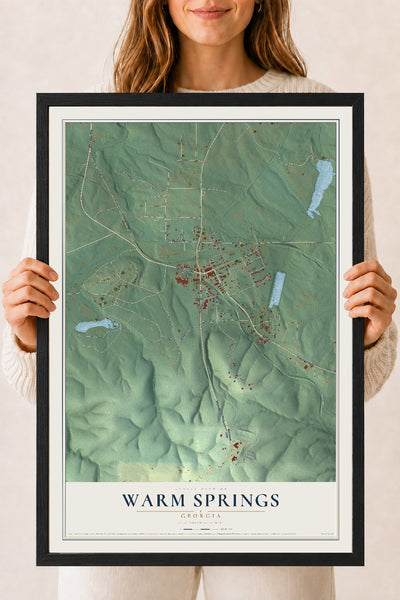 Warm Springs, Georgia map print, 18" x 24" W/ Black Ayous Wood Frame mockup