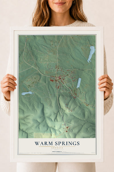 Warm Springs, Georgia map print, 18" x 24" W/ White Ayous Wood Frame mockup