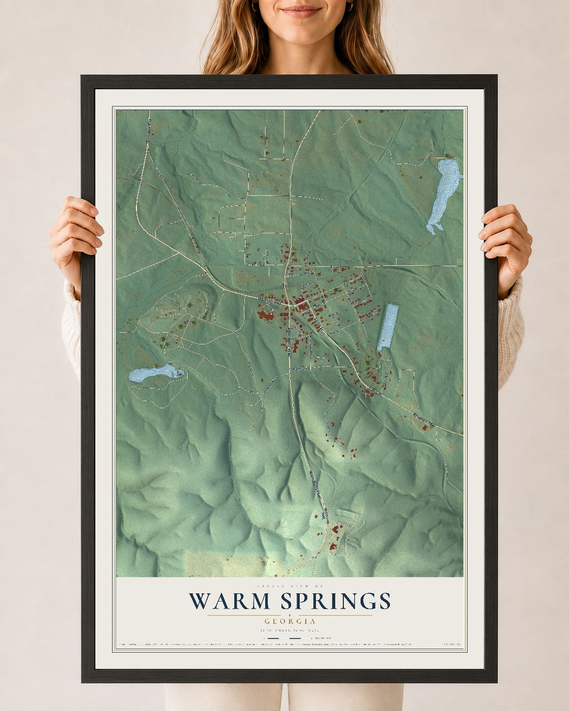 Warm Springs, Georgia map print, 24" x 36" W/ Black Ayous Wood Frame mockup