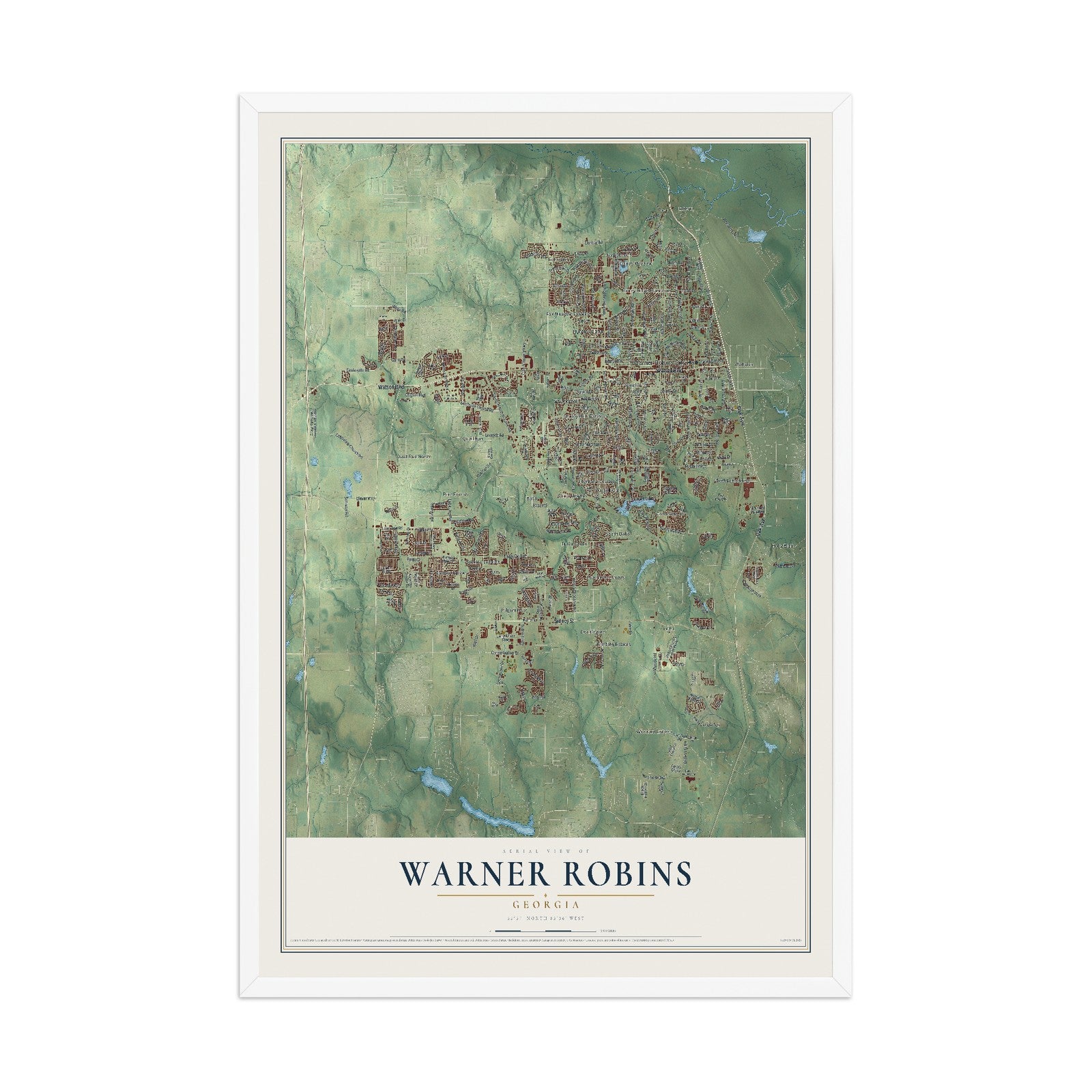 Warner Robins, Georgia map print, 12" x 18" W/ White Ayous Wood Frame mockup