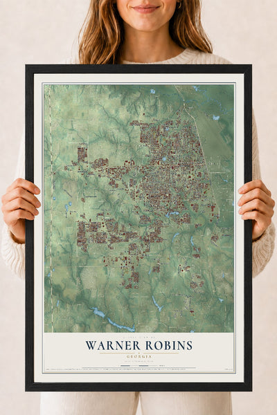 Warner Robins, Georgia map print, 18" x 24" W/ Black Ayous Wood Frame mockup