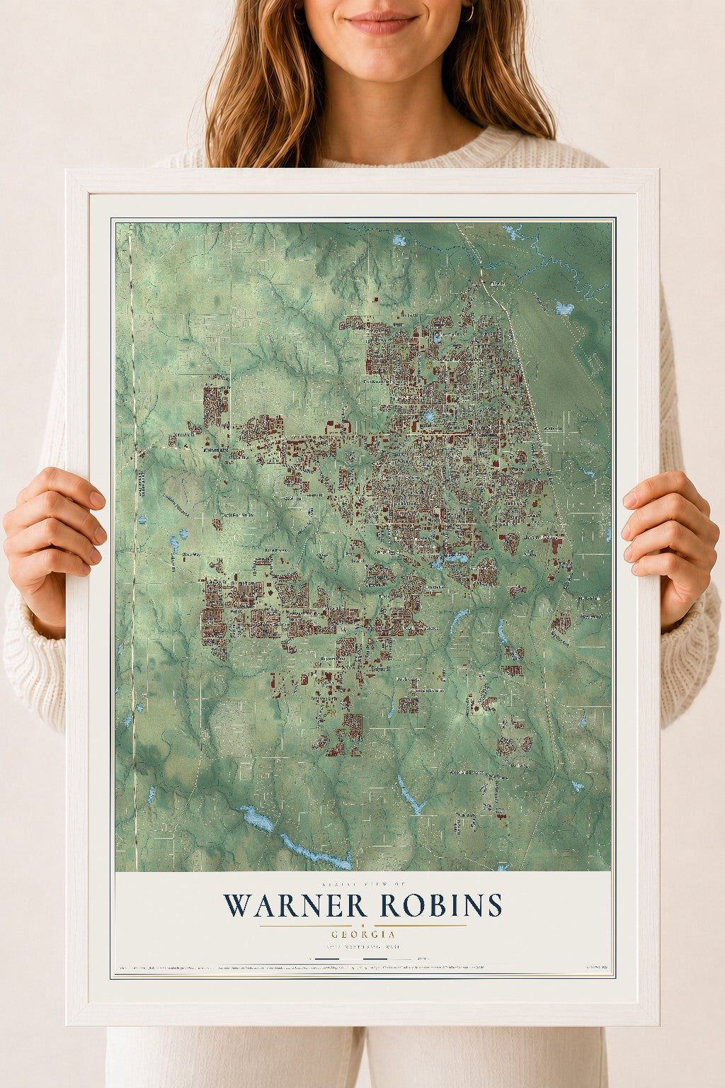 Warner Robins, Georgia map print, 18" x 24" W/ White Ayous Wood Frame mockup